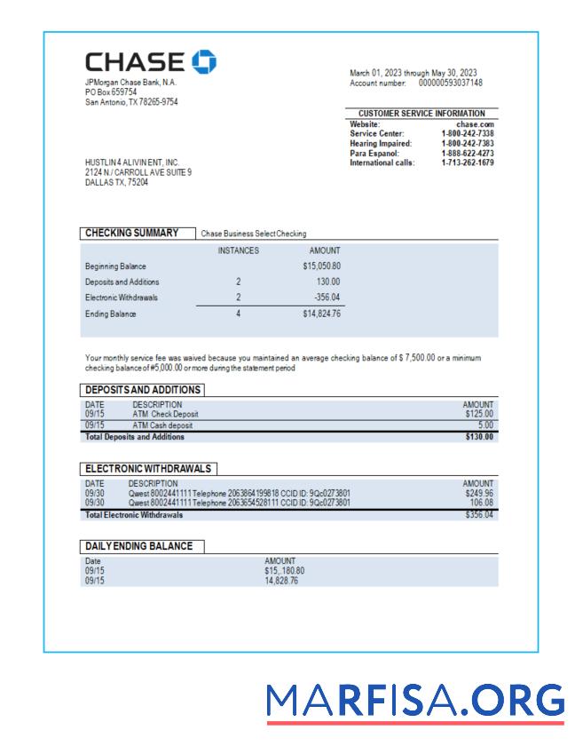 Blank Chase bank business checking account statement Word and PDF template